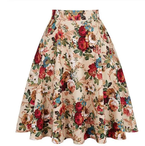 2021 Plus Size 50s Swing Women Skirt A Line High Waist Cotton Ladies Rockabilly School Casual Vintage Skirts Womens Falda Mujer