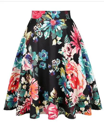 2021 Plus Size 50s Swing Women Skirt A Line High Waist Cotton Ladies Rockabilly School Casual Vintage Skirts Womens Falda Mujer