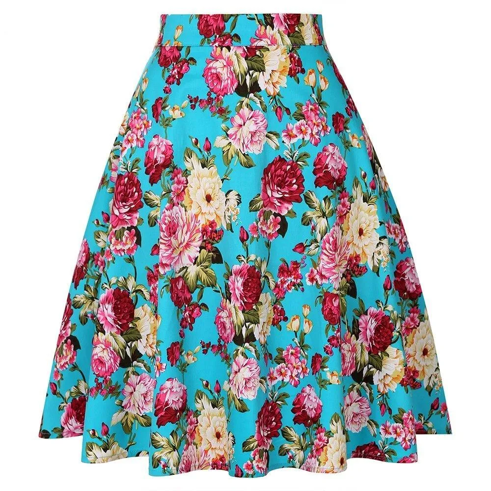 2021 Plus Size 50s Swing Women Skirt A Line High Waist Cotton Ladies Rockabilly School Casual Vintage Skirts Womens Falda Mujer