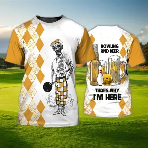 3D Full Printed Bowling And Beer T Shirt For Men, Funny Bowling Shirts, Skull Bowling Tshirt