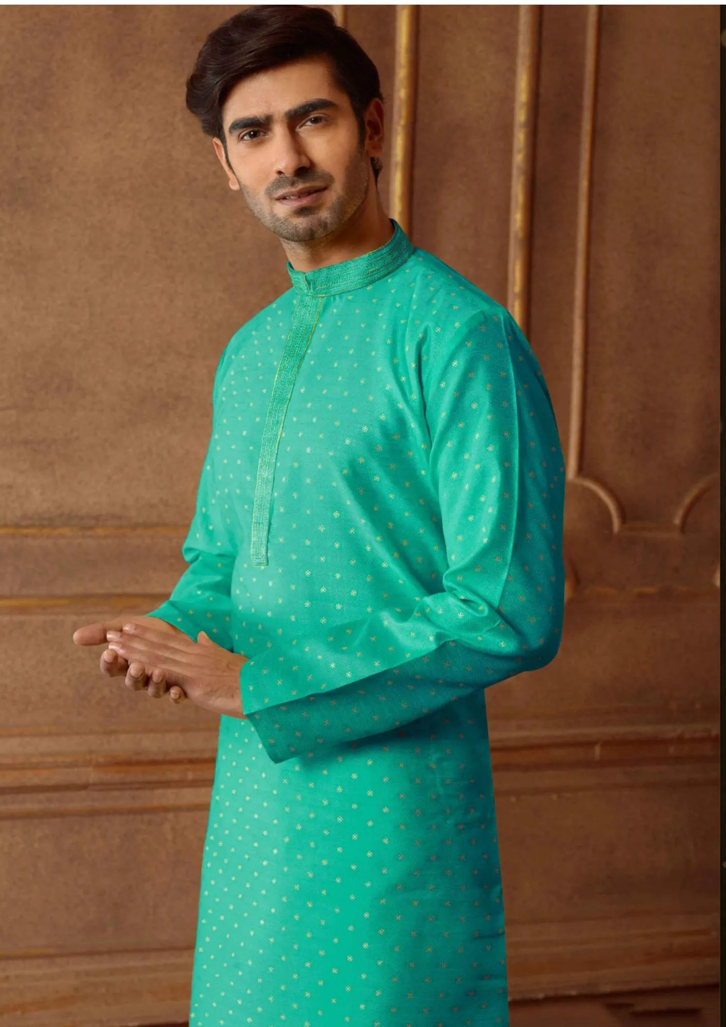 Alluring Green Color Poly Jacquard Kurta With Pajama Pant For Men