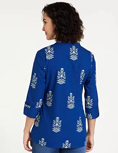 Amazon Brand - Myx Women's Cotton Screen Print Straight Short Kurti (SS19MYXTP019A1_Indigo 1_XL)