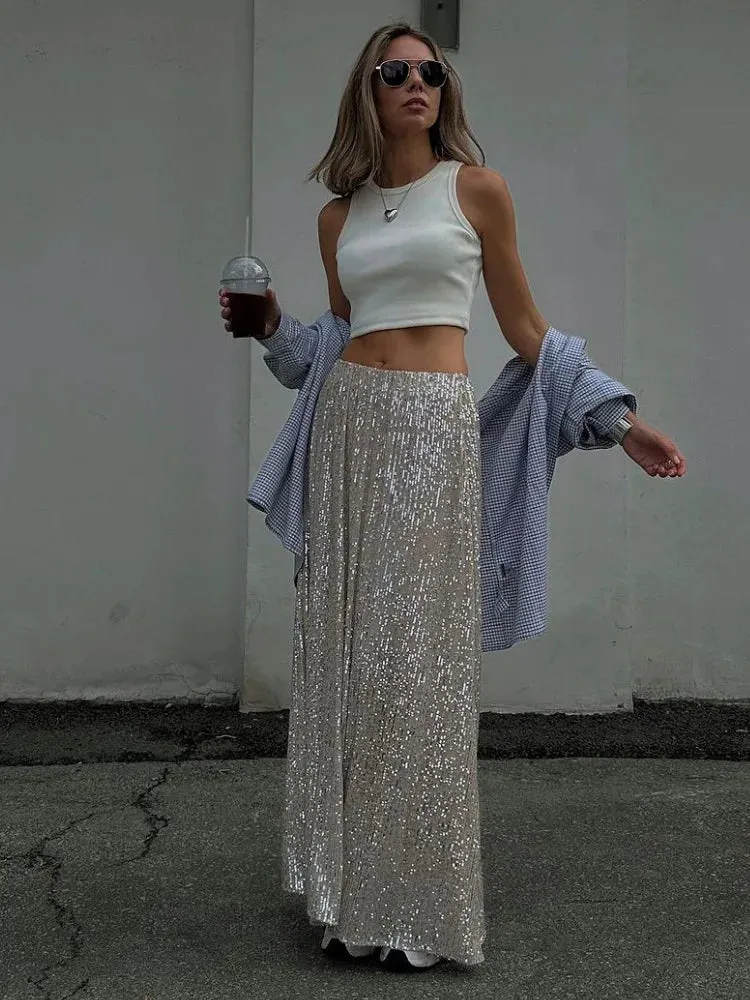 Amozae Summer Elegant Midi Sequins Women Skirt 2023 Casual Skirts Long Fashion Women Clothing Streetwear Classic Skirt