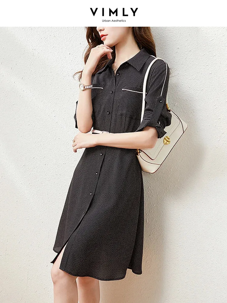 arwen ajh Vintage Button-up Shirt Dress Women Spring Autumn Black Dot Long Dresse Belted Elegant Dresses Female