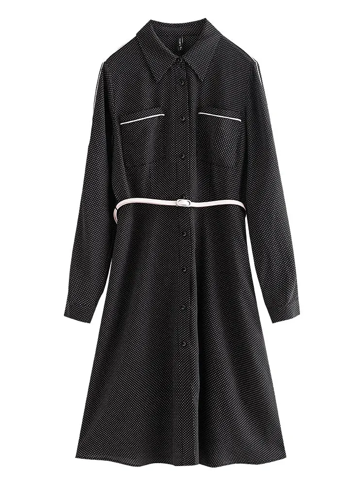 arwen ajh Vintage Button-up Shirt Dress Women Spring Autumn Black Dot Long Dresse Belted Elegant Dresses Female