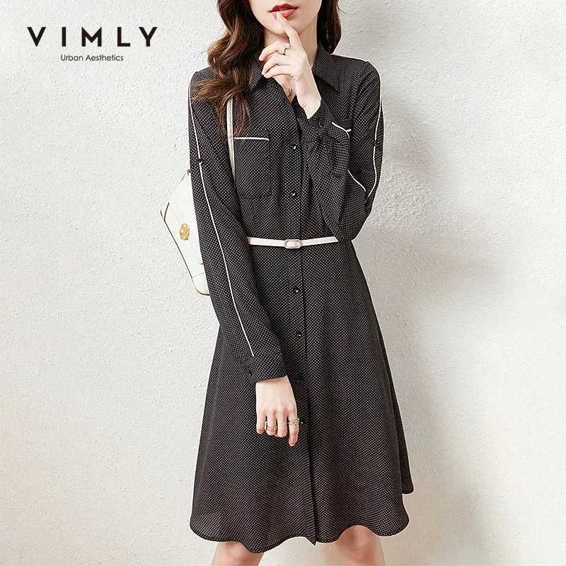 arwen ajh Vintage Button-up Shirt Dress Women Spring Autumn Black Dot Long Dresse Belted Elegant Dresses Female