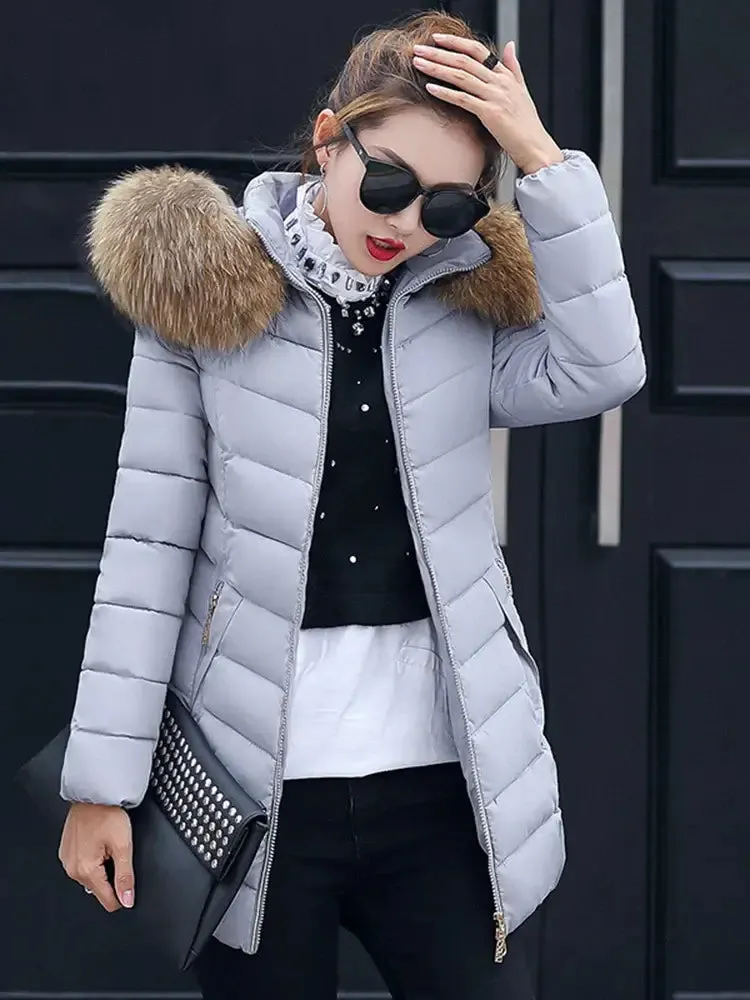 Autumn Female Middle Length Jacket Coat Women Fake Fur Collar Parkas