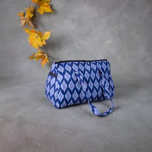 Barrel Handbags Blue with White Prints.