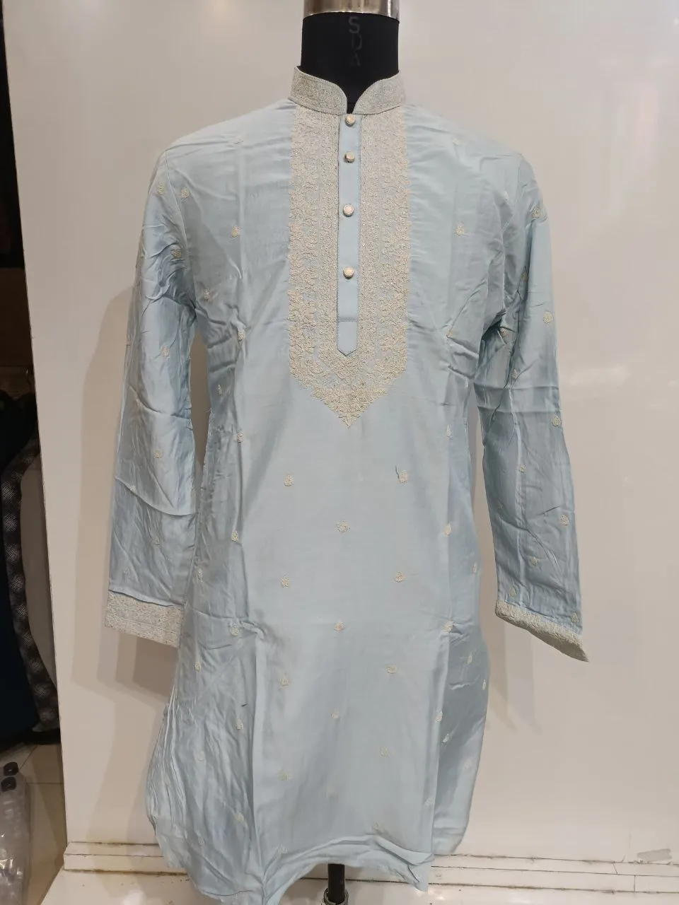 Beautiful Blue Colored Embroidery Work Silk Kurta Suits For Men