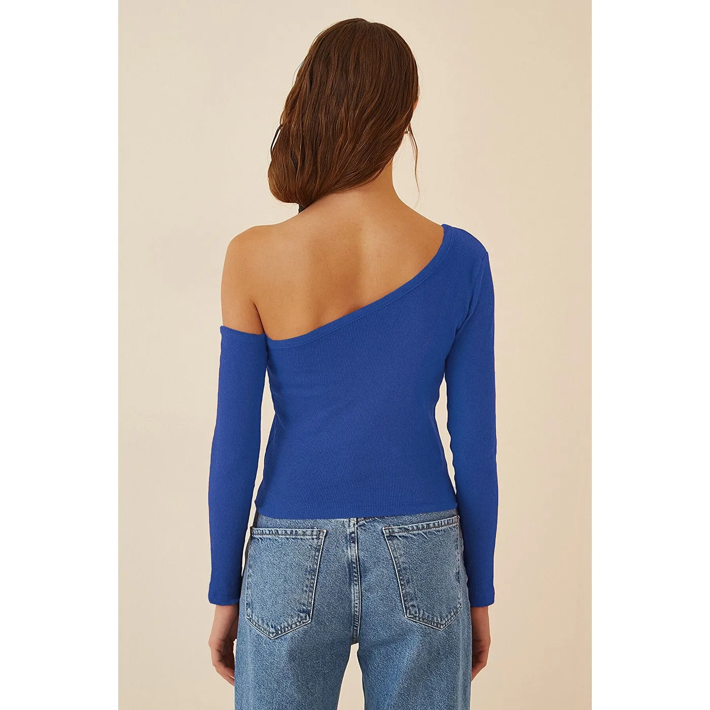 Blue Open Shoulder Ribbed Knitted Blouse