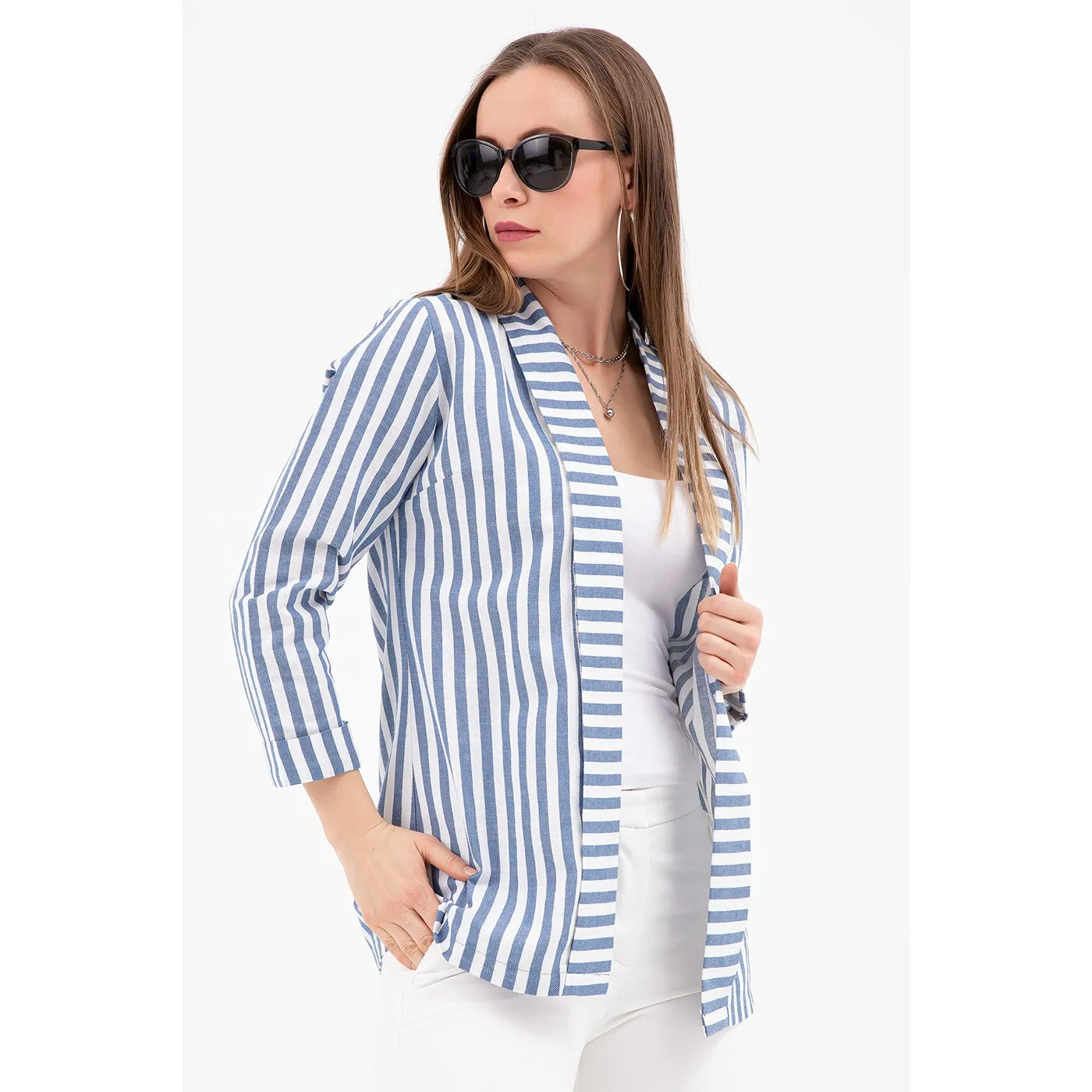 Blue Striped Shawl Jacket