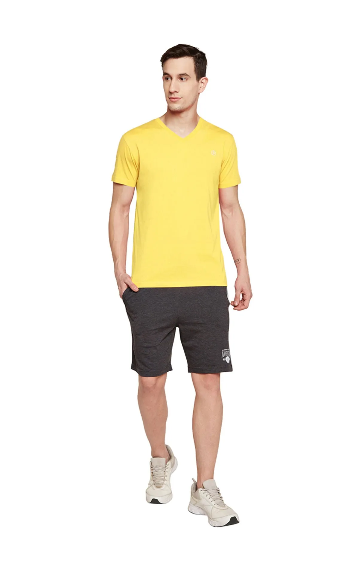 Bodyactive Men Yellow Cotton V-Neck T-Shirt-TS13-YELLOW