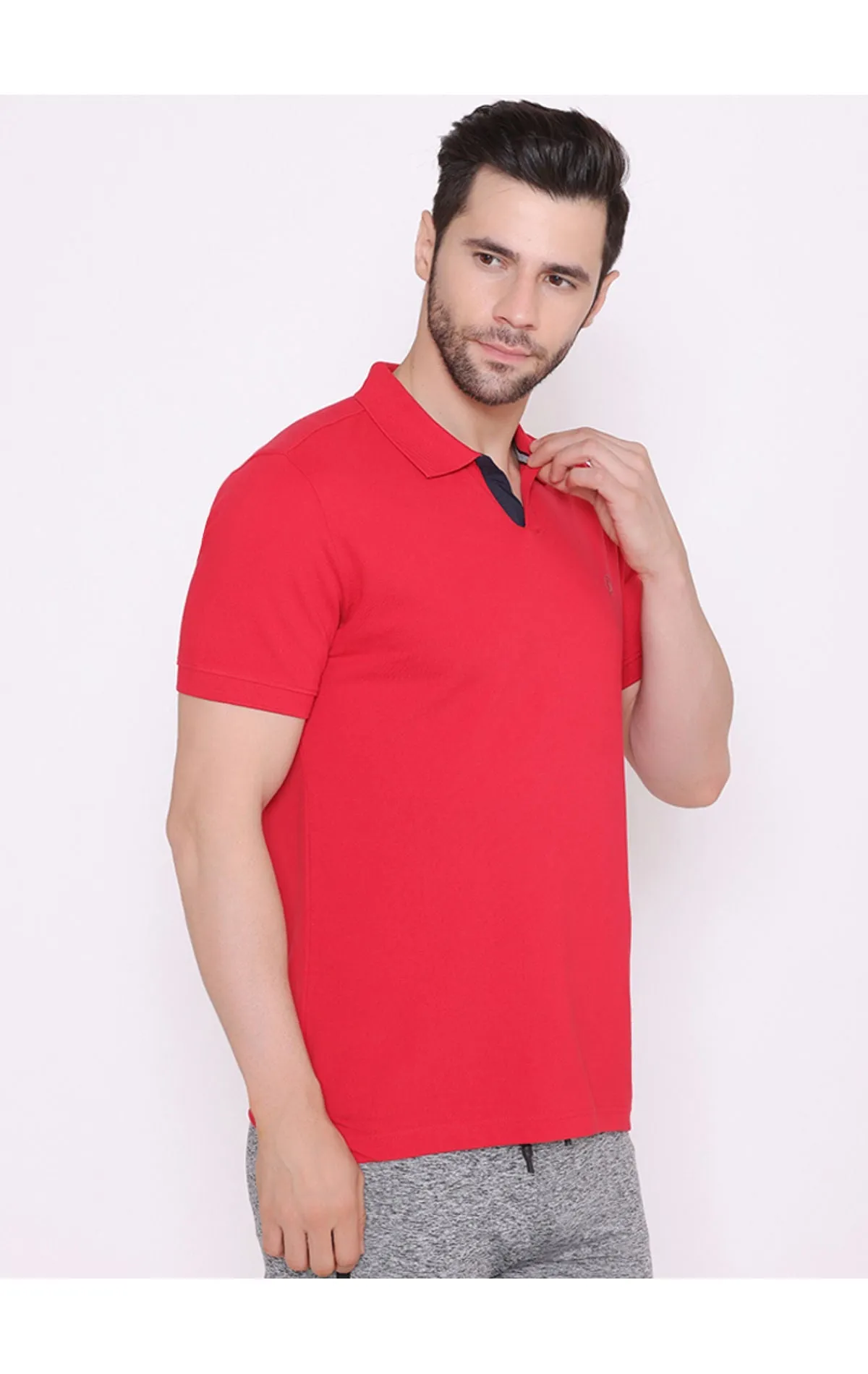 Bodyactive Solid Casual Half Sleeve Cotton Rich V neck Pique Polo T-Shirt for Men-TS52-RED-NAV