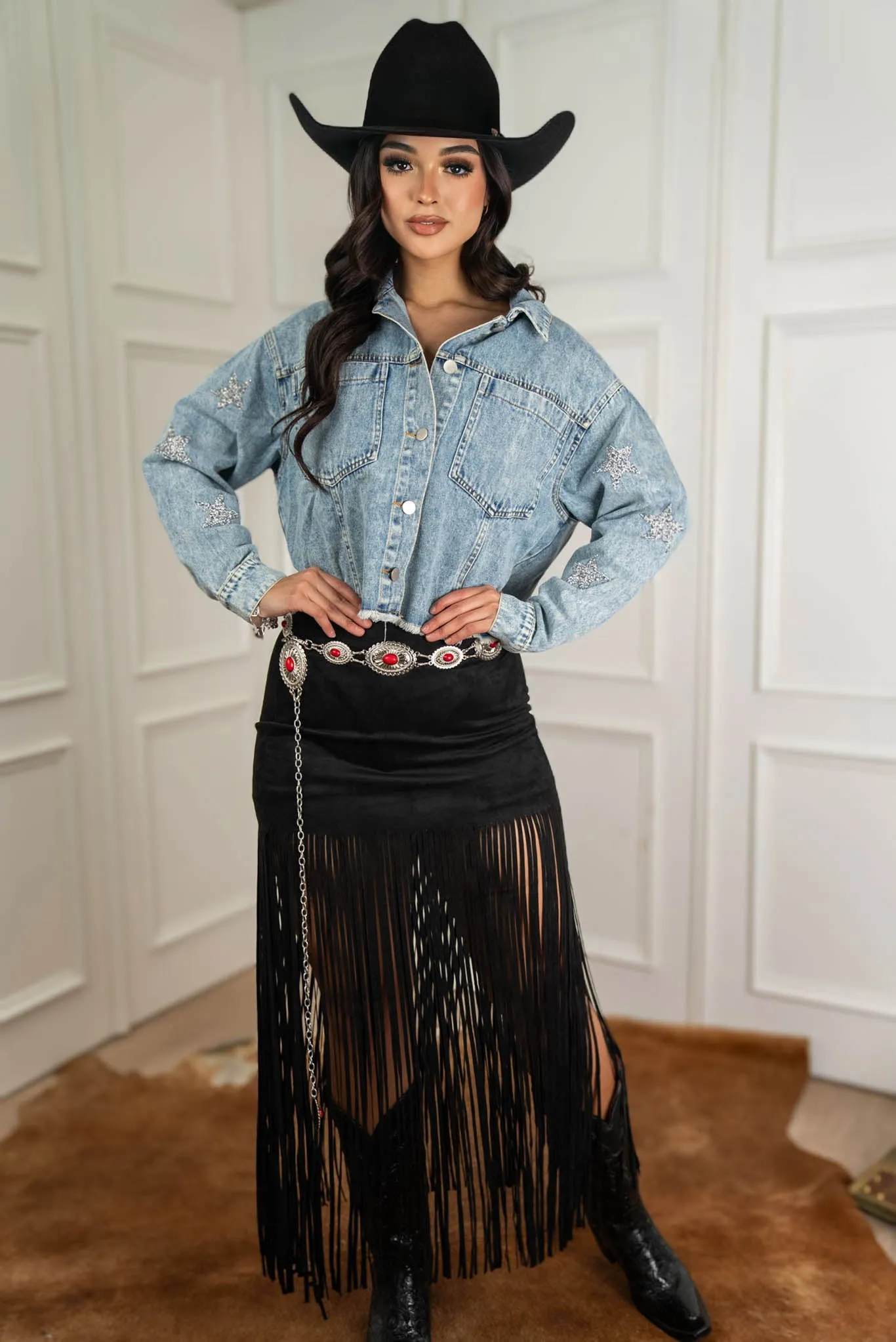 Boho Suede Fringe Maxi Skirt jj