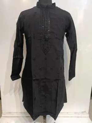 Charming Black Colored Embroidery Work Silk Kurta Suits For Men