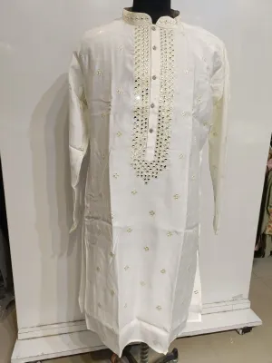 Charming Cream Color Silk Kurta With Embroidery Work Suits For Men