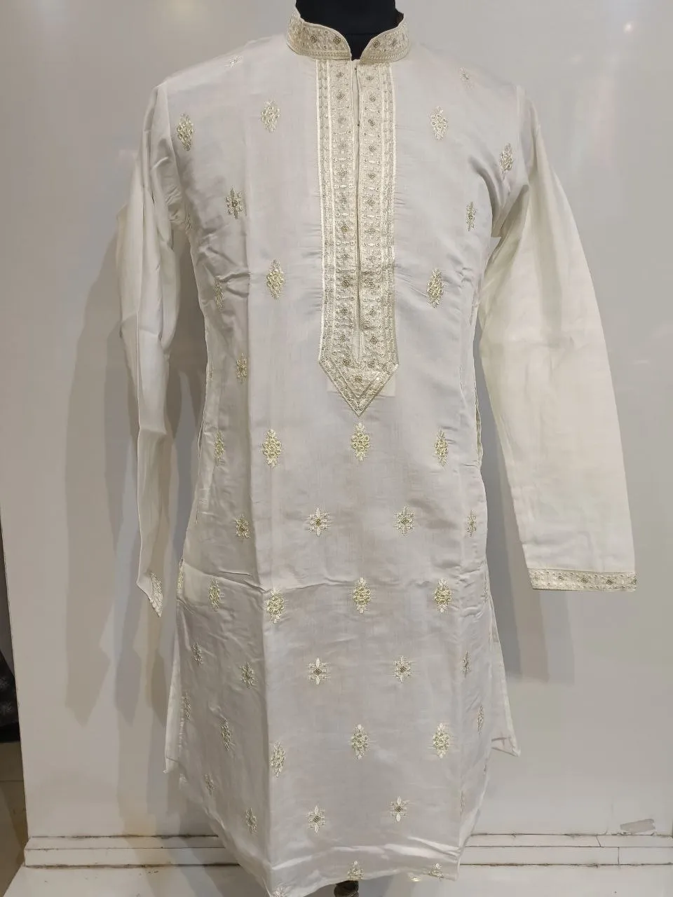 Charming Cream Colored Silk With Embroidery Work Kurta Suits For Men