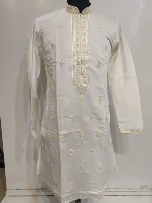 Charming Cream Colored Silk With Embroidery Work Kurta Suits For Men