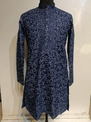 Charming Navy Blue Color Full Sleeve Embroidery Kurta Pajama Set For Men