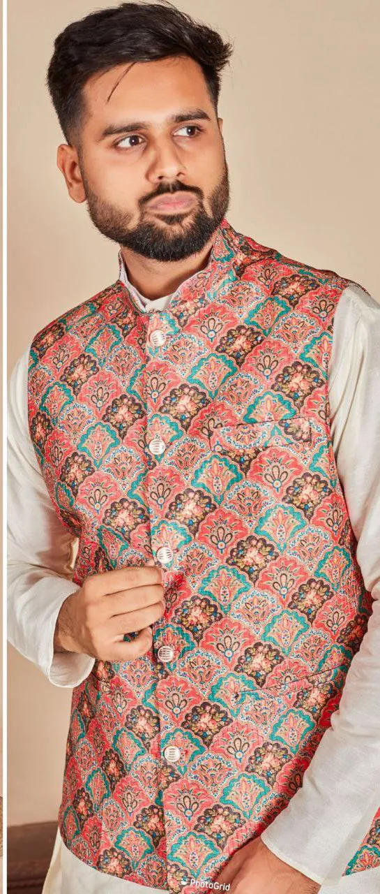 Charming Pink Colored Wedding Kurta Pajama And Jacket Sets For Men