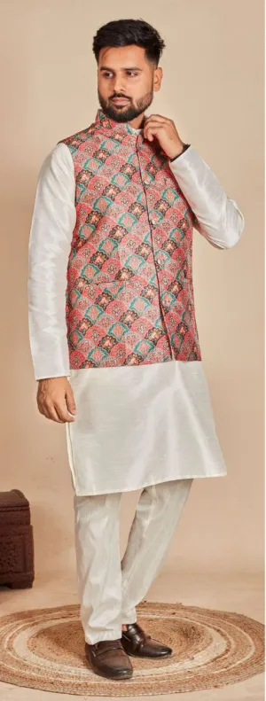 Charming Pink Colored Wedding Kurta Pajama And Jacket Sets For Men