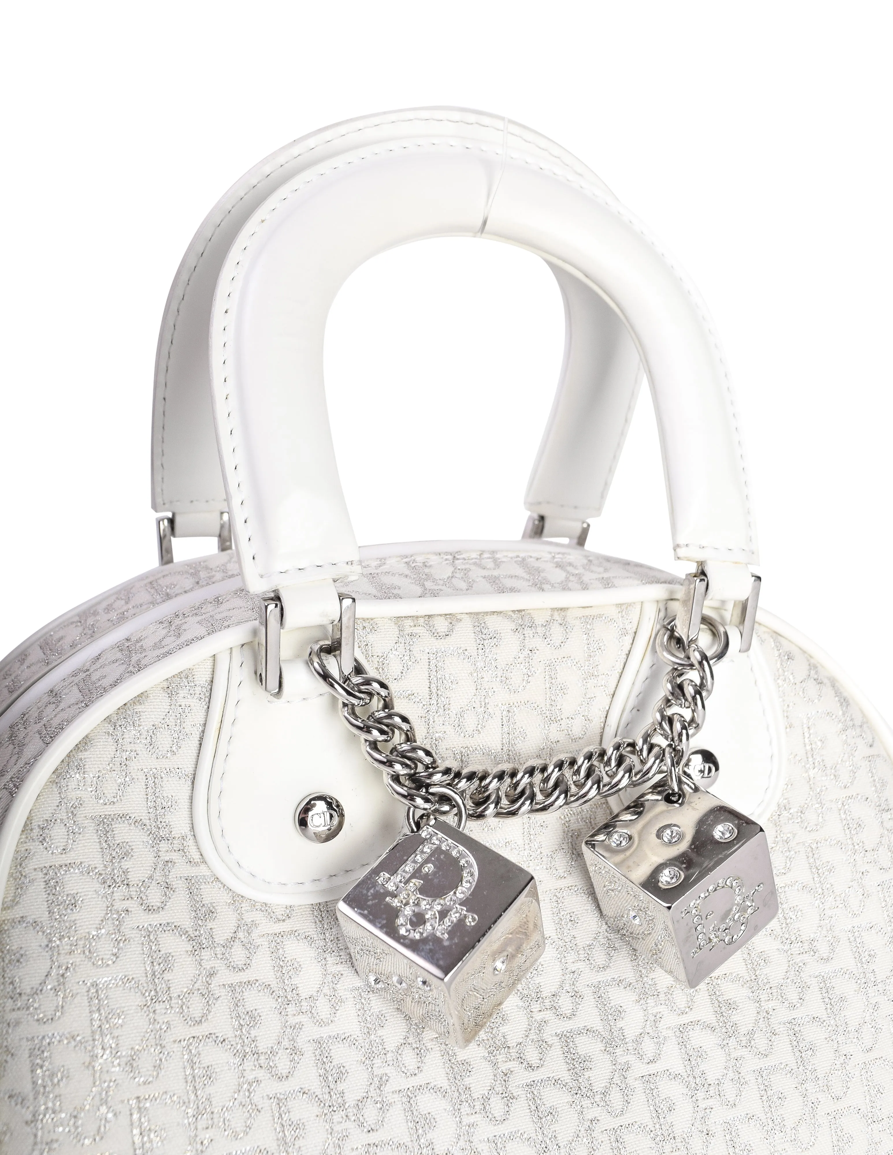 Christian Dior Vintage AW 2004 by John Galliano White & Silver Monogram Dice Charm 'GAMBLER' Mini Bowler Bag