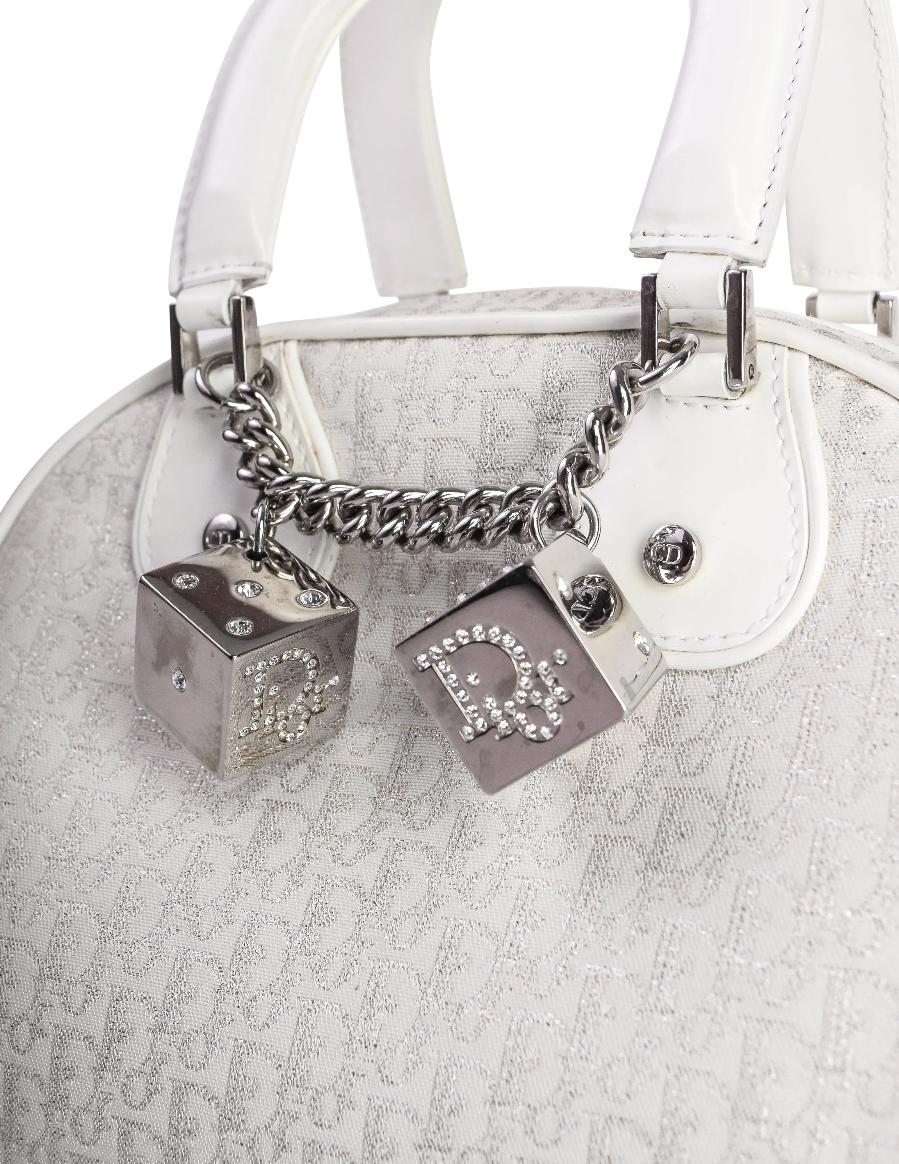 Christian Dior Vintage AW 2004 by John Galliano White & Silver Monogram Dice Charm 'GAMBLER' Mini Bowler Bag