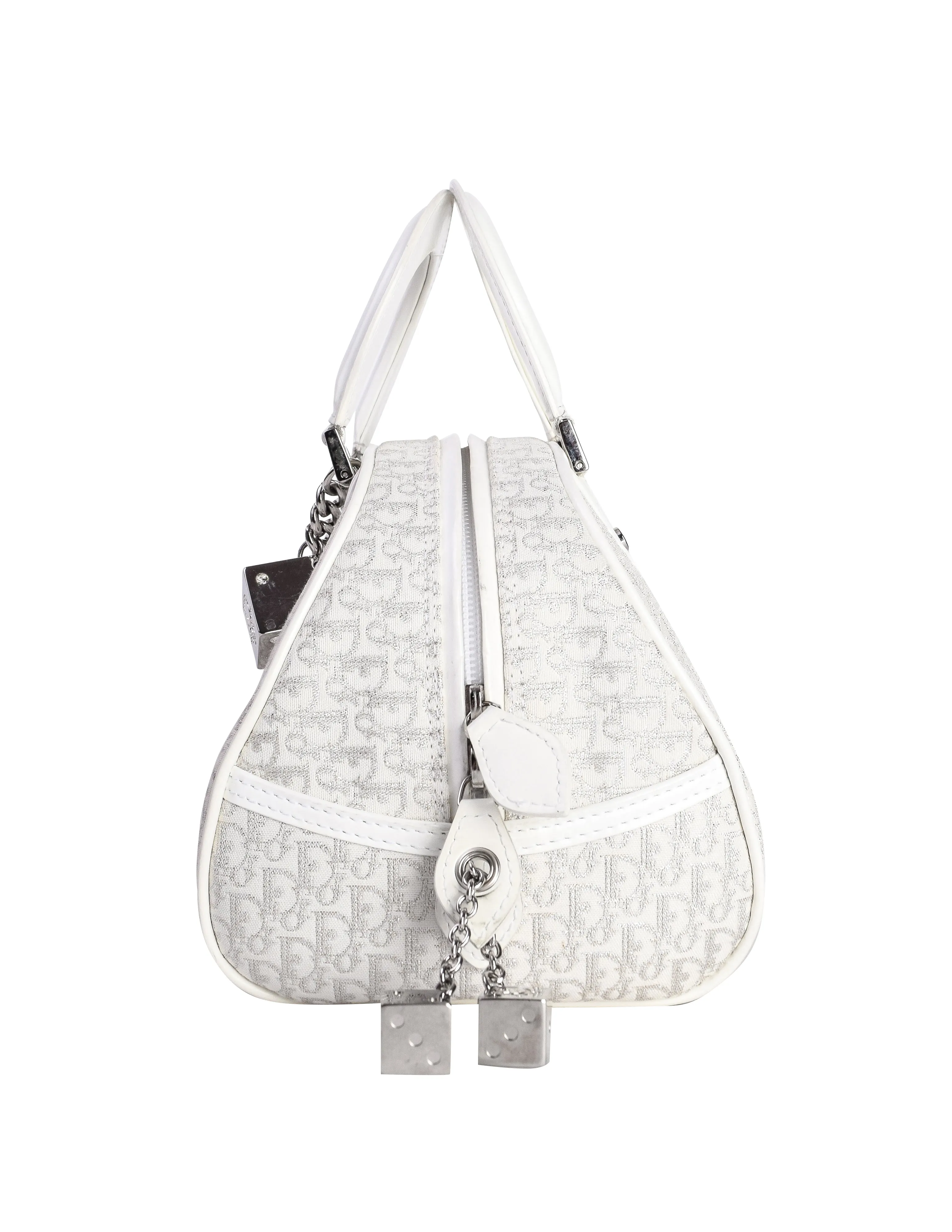 Christian Dior Vintage AW 2004 by John Galliano White & Silver Monogram Dice Charm 'GAMBLER' Mini Bowler Bag