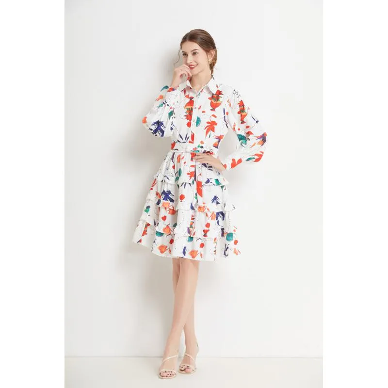 Cinched Waist Ruffle Hem Slimming Lantern Print Lapel Vacation Dress