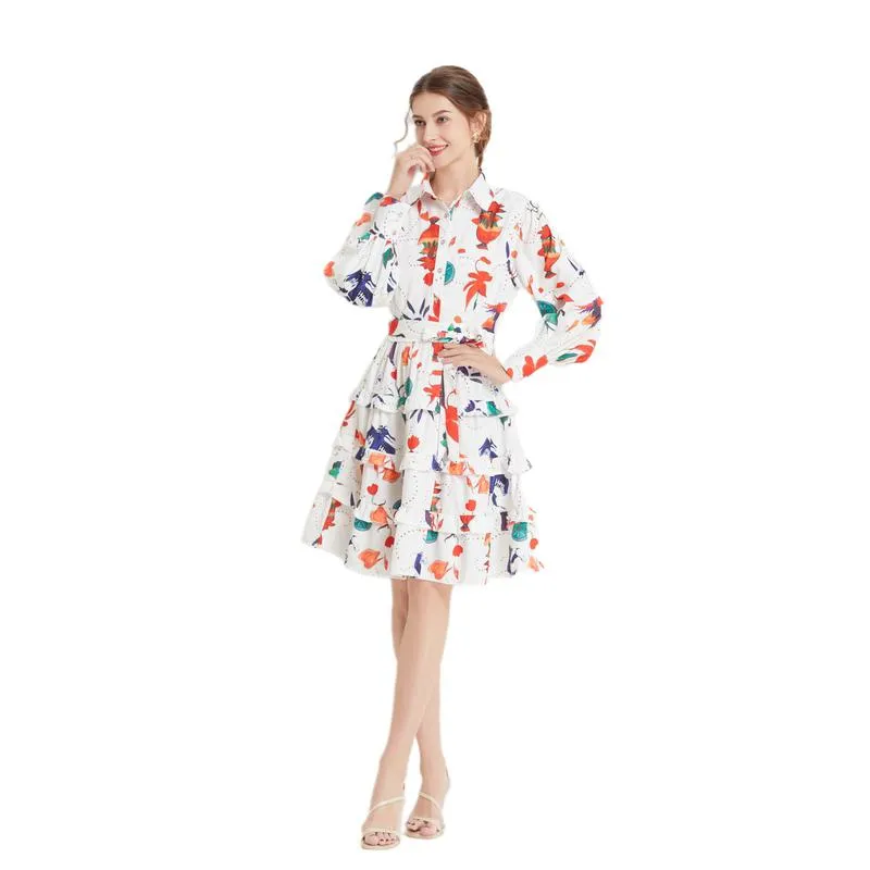 Cinched Waist Ruffle Hem Slimming Lantern Print Lapel Vacation Dress