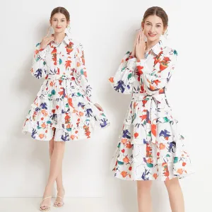 Cinched Waist Ruffle Hem Slimming Lantern Print Lapel Vacation Dress