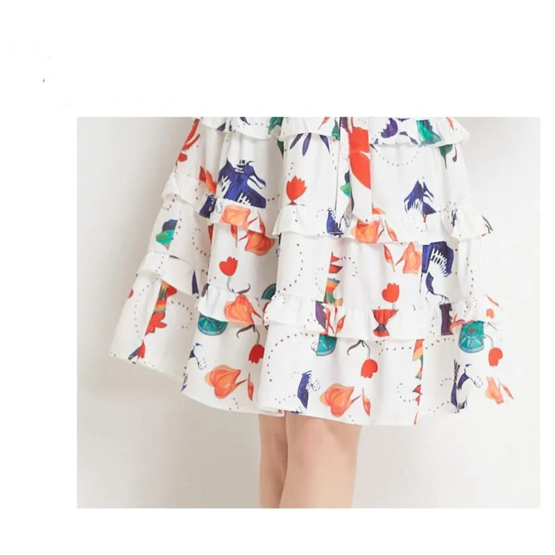 Cinched Waist Ruffle Hem Slimming Lantern Print Lapel Vacation Dress