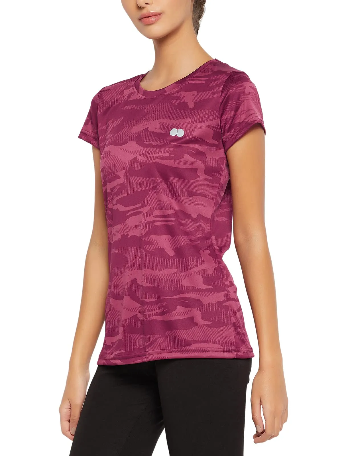 Clovia Women's Comfort Fit Camouflage Print Active T-Shirt(AT0124P09_Maroon_L)