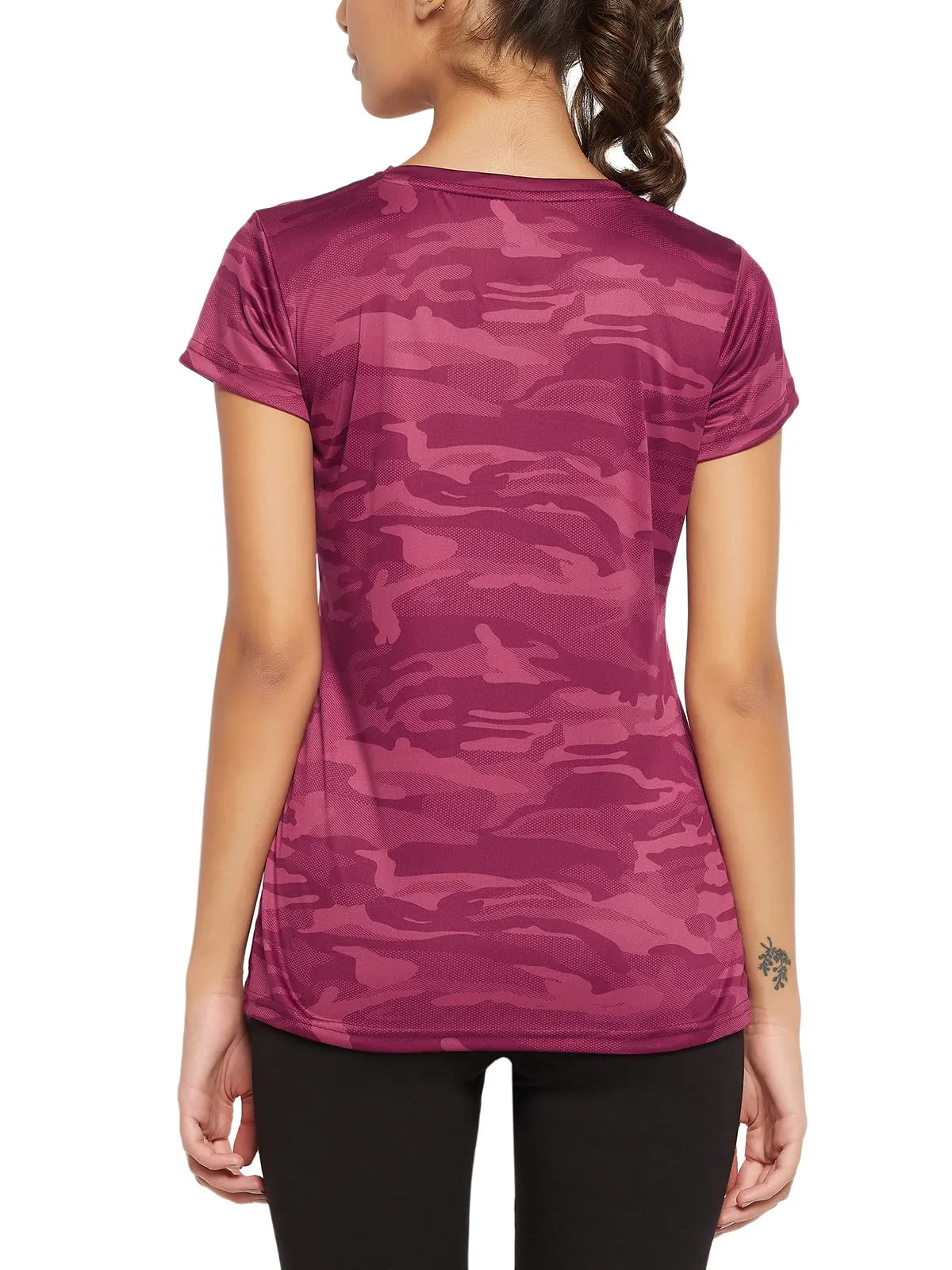 Clovia Women's Comfort Fit Camouflage Print Active T-Shirt(AT0124P09_Maroon_L)