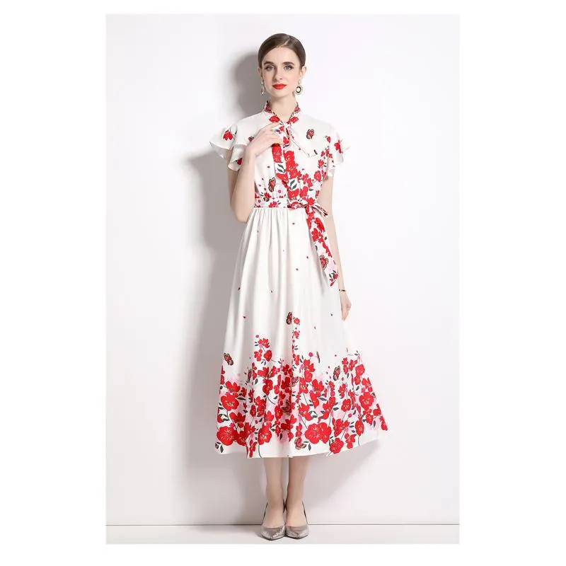 Collar Flutter Sleeves Retro Tie-Up Print A-Line Dress