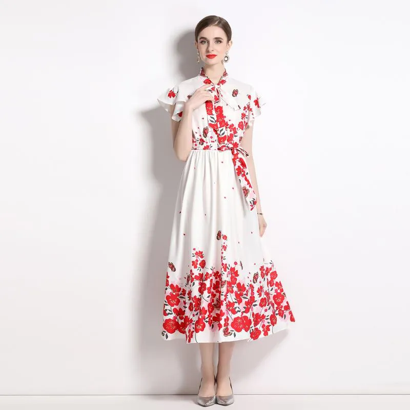 Collar Flutter Sleeves Retro Tie-Up Print A-Line Dress