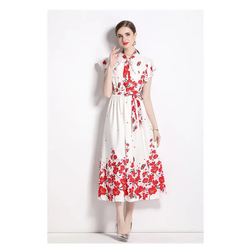 Collar Flutter Sleeves Retro Tie-Up Print A-Line Dress