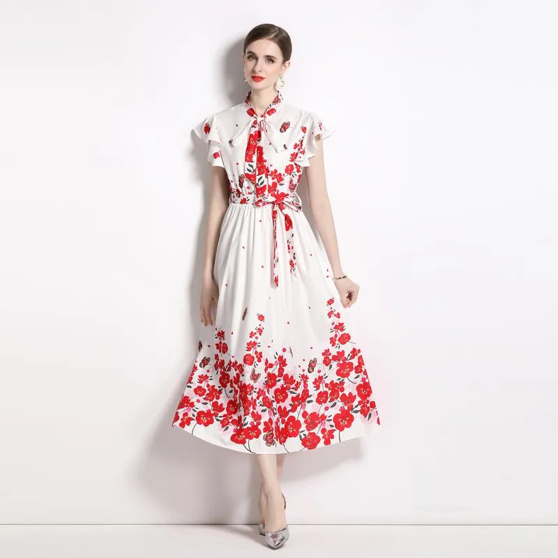 Collar Flutter Sleeves Retro Tie-Up Print A-Line Dress