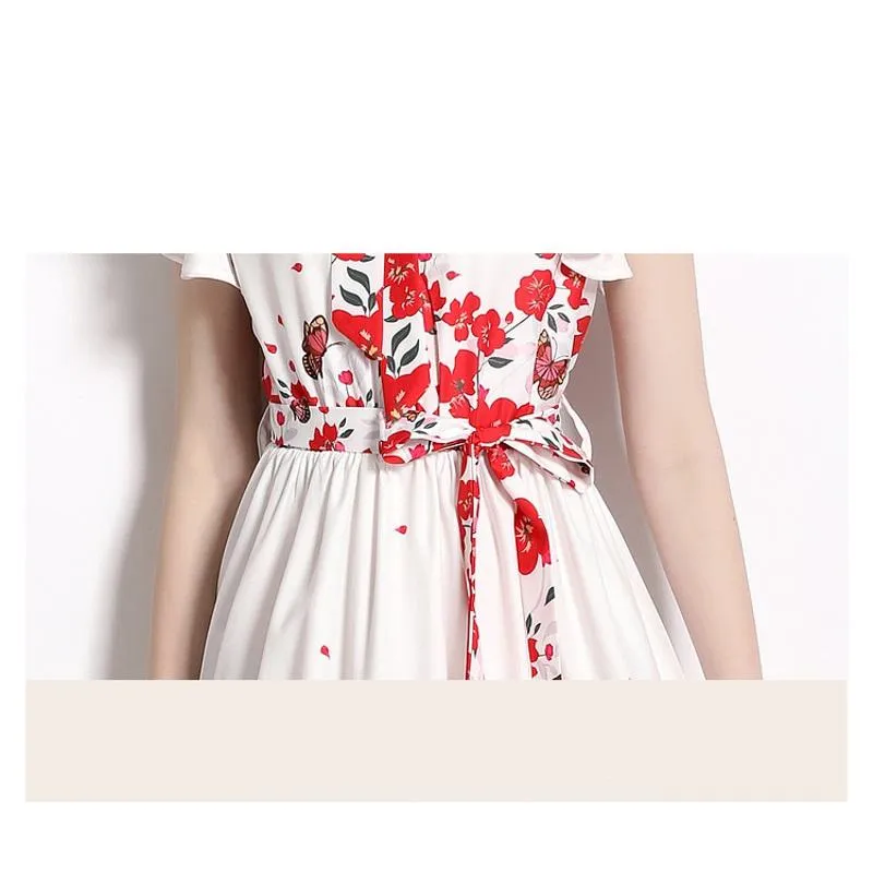 Collar Flutter Sleeves Retro Tie-Up Print A-Line Dress