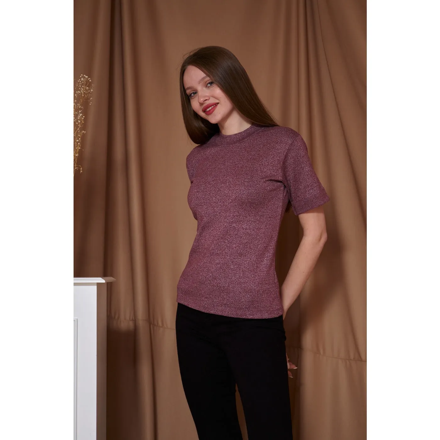 Dark Pink Melange Mock Neck Half Sleeves