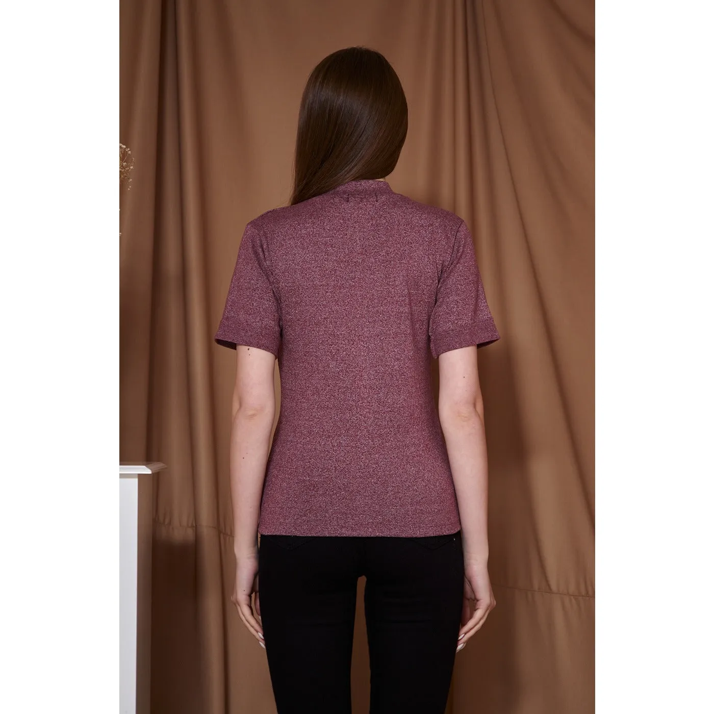 Dark Pink Melange Mock Neck Half Sleeves