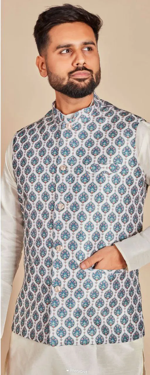 Dazzling Soft Silk Blue Colored Kurta Pajama With Jacket Sets For Men