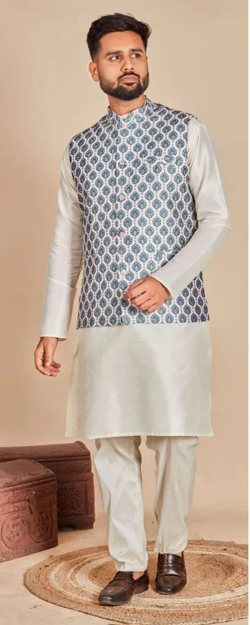 Dazzling Soft Silk Blue Colored Kurta Pajama With Jacket Sets For Men