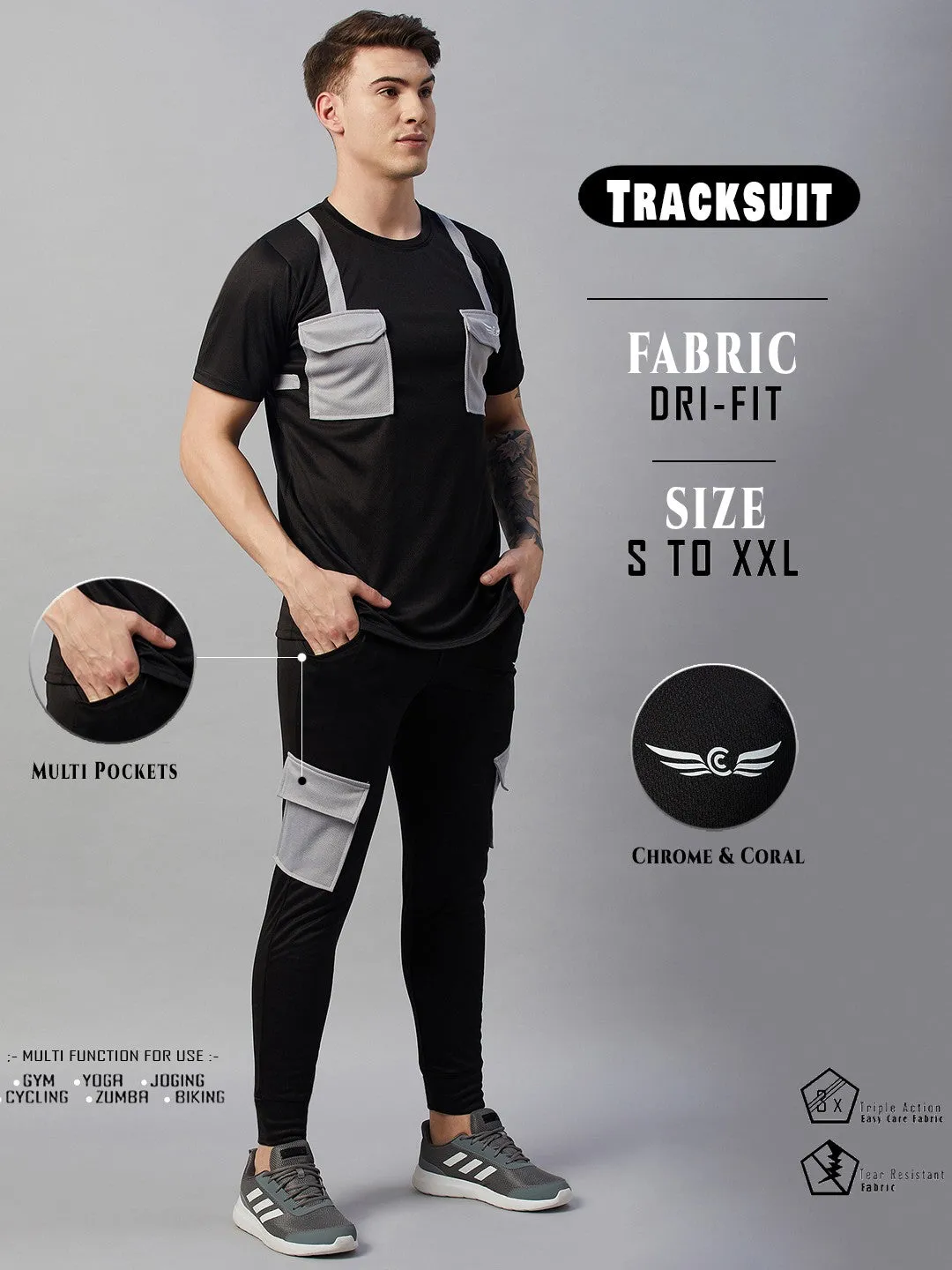 Dri-Fit Colorblock Men Co-ords Track Suit Multi Pockets (Black)