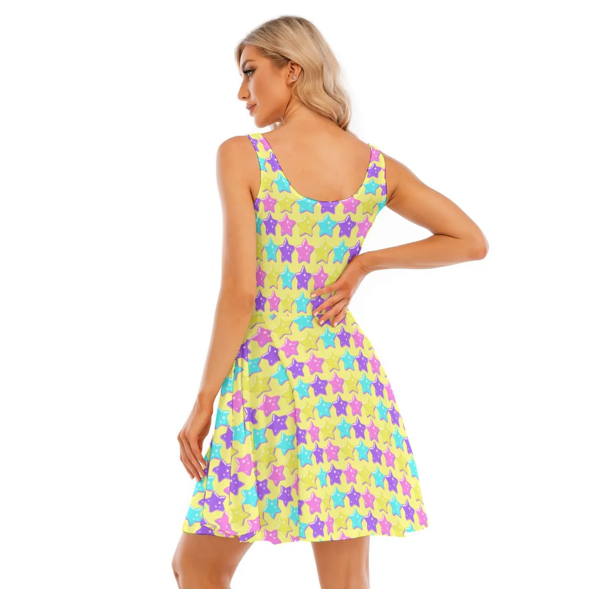 Electric Star Wave Yellow Skater Dress With Pockets