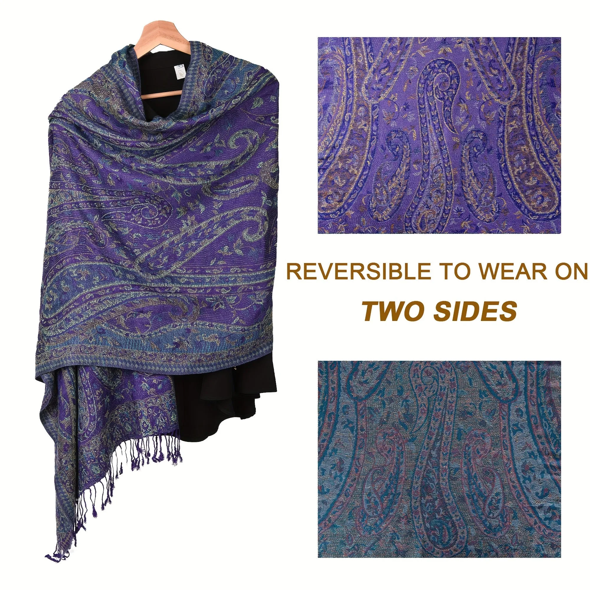 Elegant Reversible Paisley Shawl - Soft, Warm & Breathable with Tassels - Ideal for Traditional Attire & Everyday Elegance