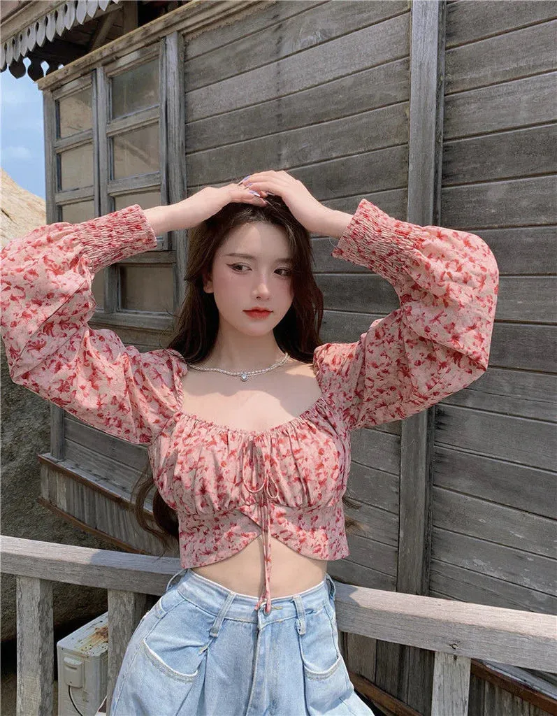 Fashion Floral Chiffon Women's Shirt Sweet Square Neck Puff Sleeve Crop Tops Lace Up Long Sleeve Blouse Woman      S2828