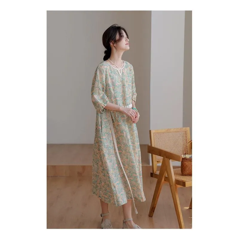 Fine Count Retro Finely Woven Ramie Tencel Print Dress