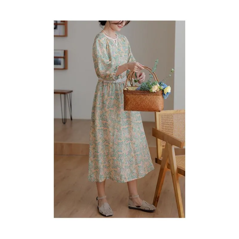 Fine Count Retro Finely Woven Ramie Tencel Print Dress