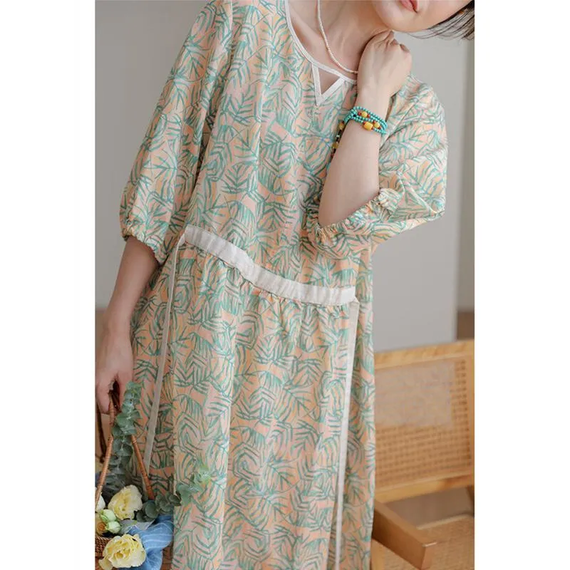 Fine Count Retro Finely Woven Ramie Tencel Print Dress